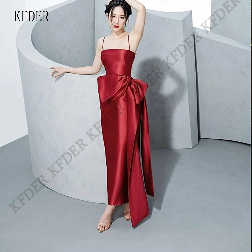 Red Satin Bow Evening Dress Sleeveless Strapless Ankle Length Formal Prom Dress Formal Party Gown Customized