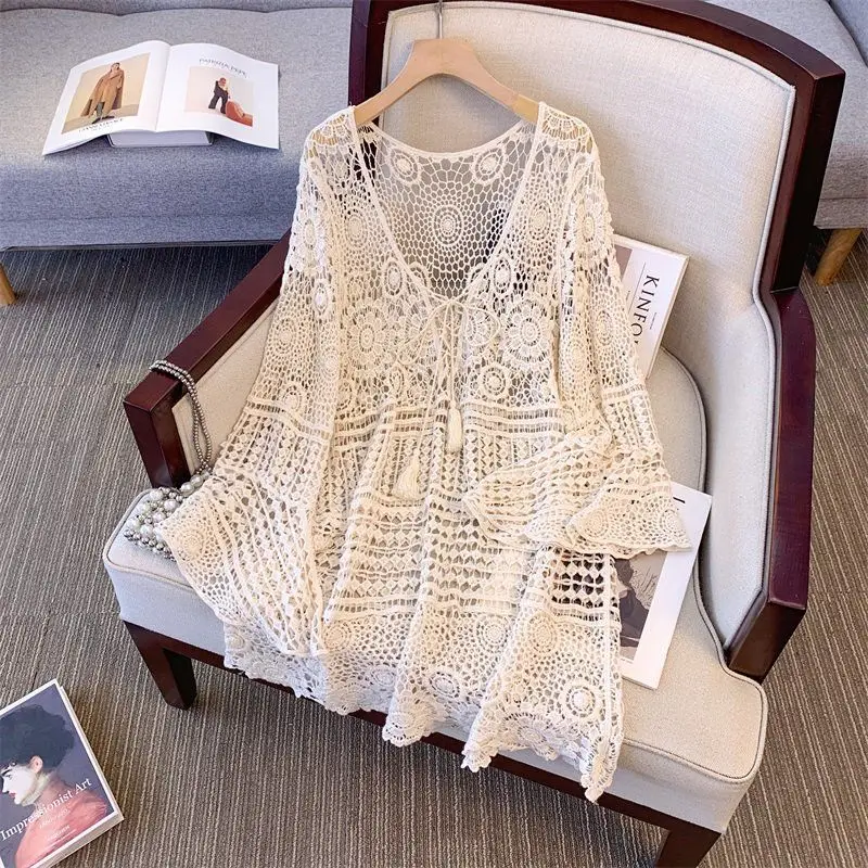 Women Clothing Mid Length Hollow Horn Sleeve with Lace Tie Cover-Ups Spring Summer Fashion Loose Crochet Knit Coats Lady Y2k Top