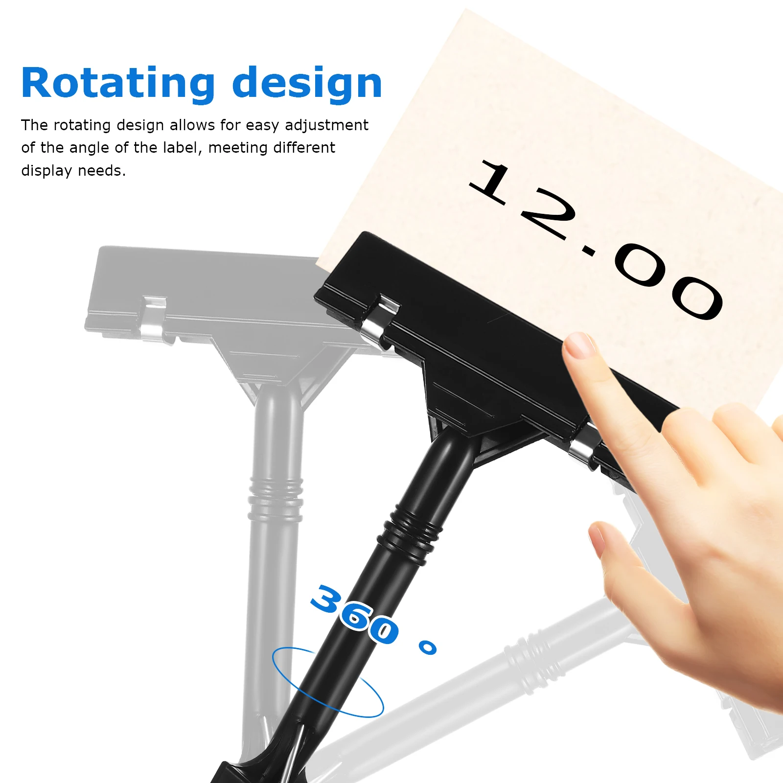 

Rotating Plastic Label Clips Black Price Cards Holder Merchandise Signs Name Tags Display Clamp Advertising Promotions Tag