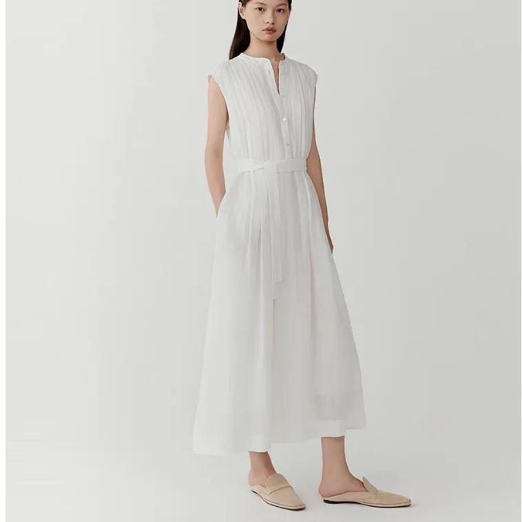 

Dave&di Summer New French Artistic Ramie Plain Weave Fabric Lace Up Round Neck Sleeveless Dress Woman Clothes Dress Elegant