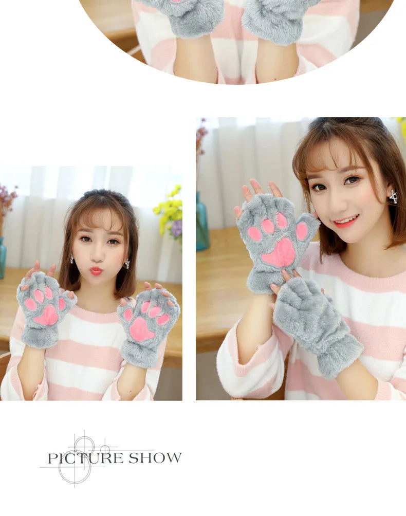 Cute Cat Claw Gloves Women Thermal Half Finger Kawaii Lady Velvet Thick Winter Cartoon Halter String Student Gloves