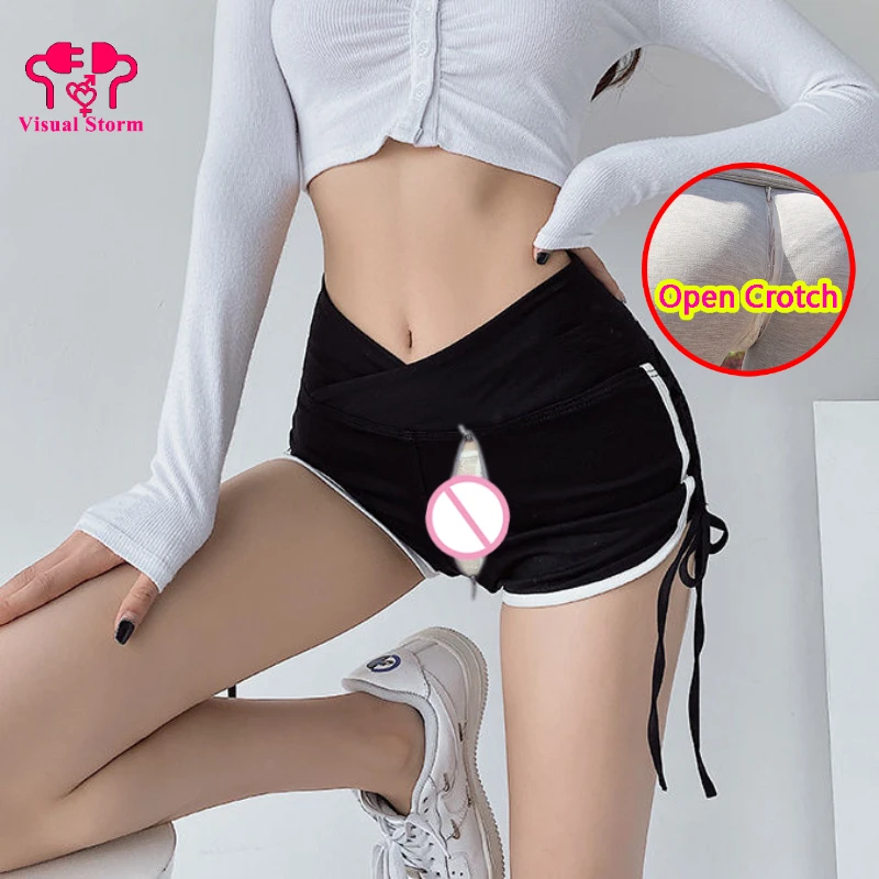 Woman Push Up Sexy Open Seats Pants Mini Skinny Low Waist Crotchless Panties with Hidden Zippers Open Crotch Shorts