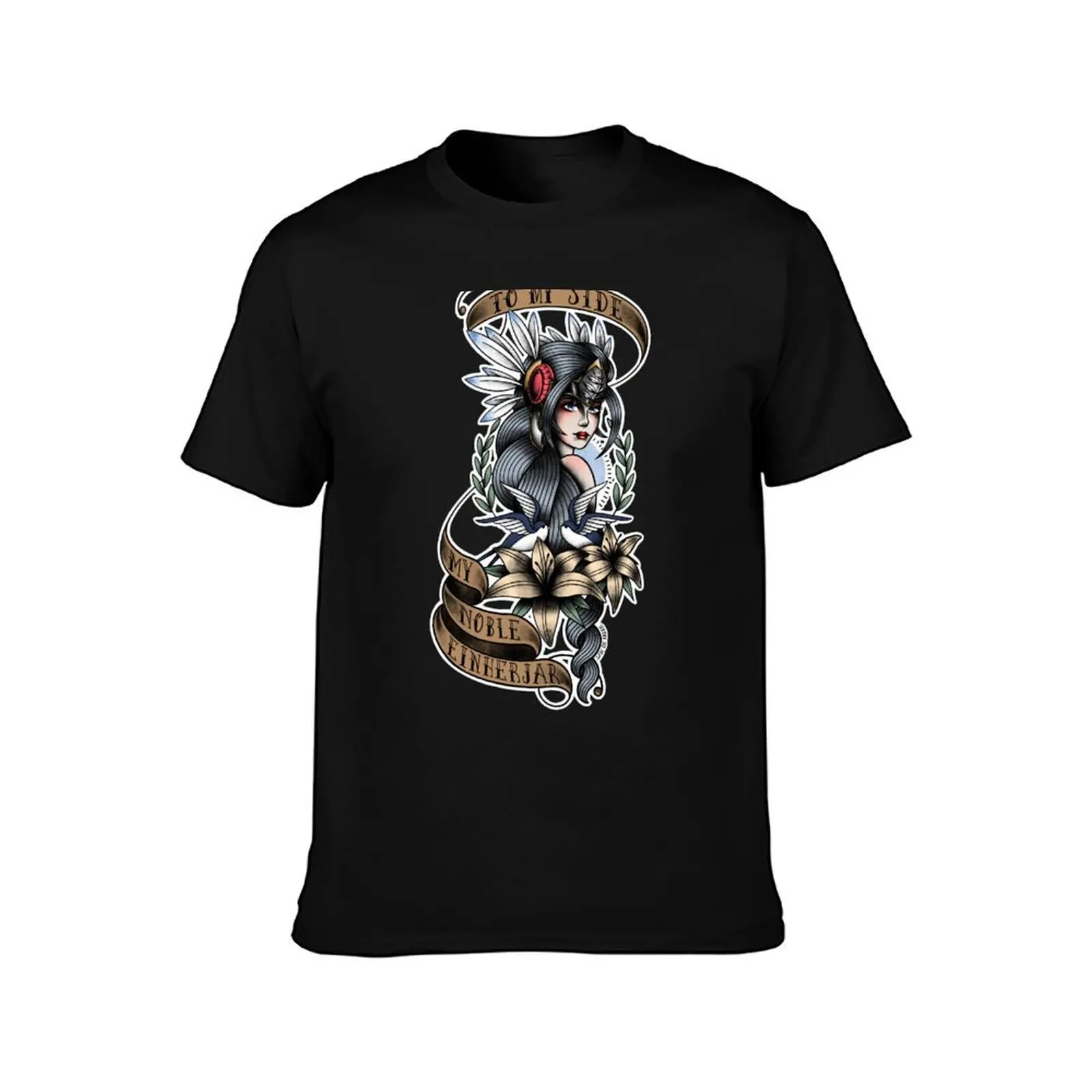 To My Side, My Noble Einherjar - Lenneth from Valkyrie Profile in American Traditional Tattoo Portrait Style T-Shirt