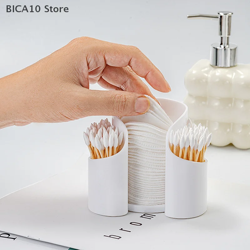 Dispensador de bastoncillos de algodón con 2 compartimentos, hisopos de algodón, soporte redondo para almohadillas, organizador de contenedores de baño, plástico
