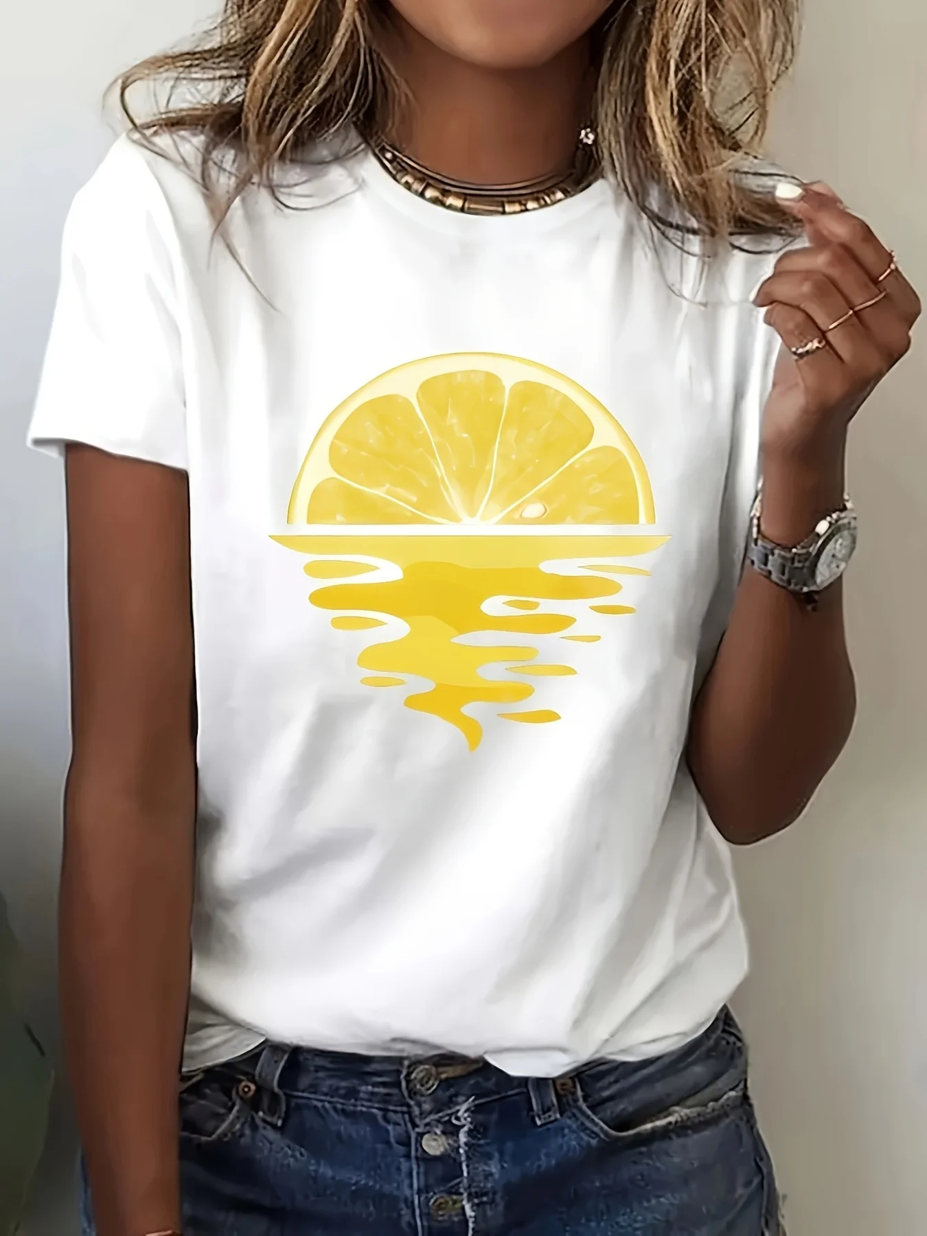 Camiseta informal con estampado de limón amarillo y cuello redondo, camiseta de manga corta para mujer, camiseta divertida de estilo Vintage, camisetas Y2k, ropa para mujer