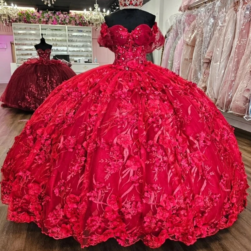 

Мексиканское красное платье Quinceanera по индивидуальному заказу, бальное платье с 3D цветочным принтом на шнуровке, женское бальное платье для свадебной вечеринки, выпускного вечера, одежда Vestido