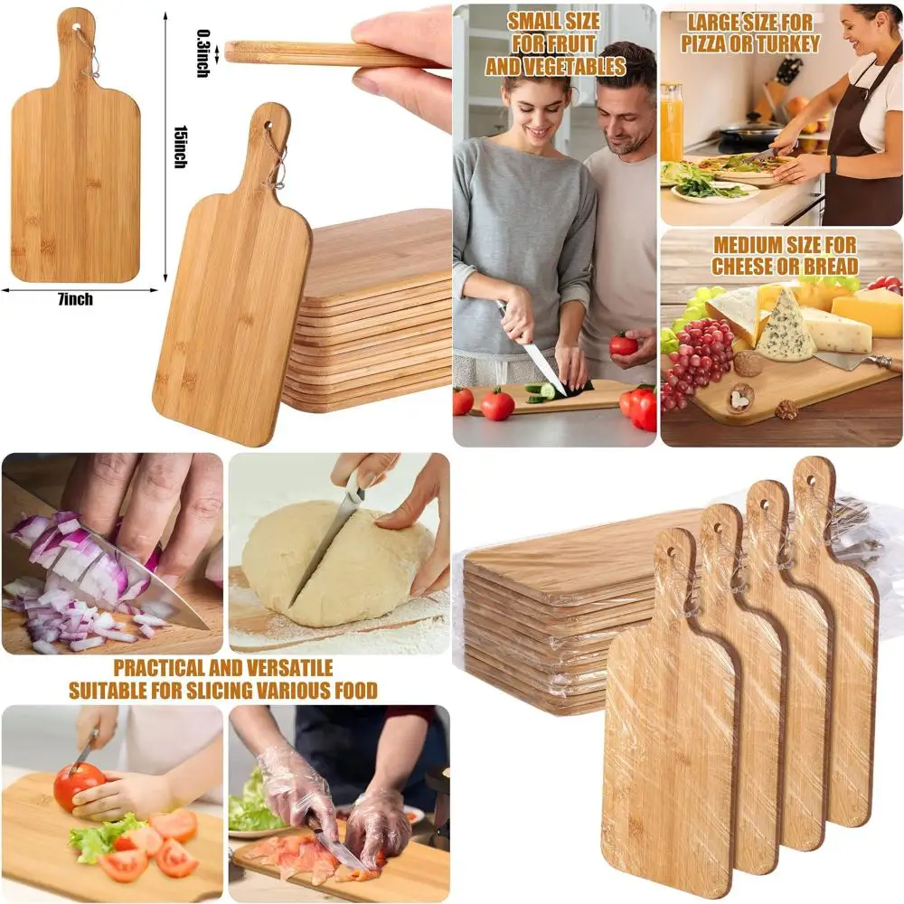 

Set of 12 Bamboo Cutting Boards, 15x7 Inches, Large Kitchen Chopping Boards with Handles - Ideal for Mom's Gifts, Serving, and C