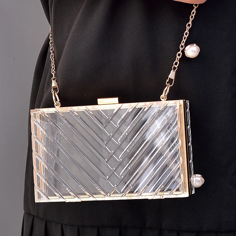 Acrylic Shoulder Bag Party Fashion Metal Chain Small Square Bag Acrylic Transparent Pop Evening Bag Removable Clutch