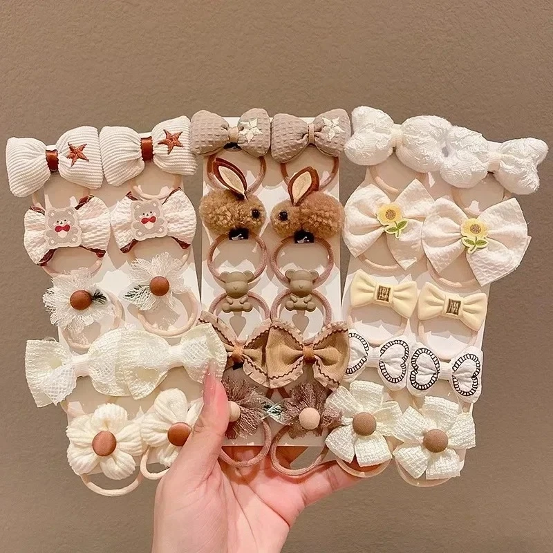 

10pcs/set Sweet Cartoon Elastic Hair Band for Kids Beige Coffee Color Cute Bear Bow Hair Tie Toddler Girl Hair Accessories