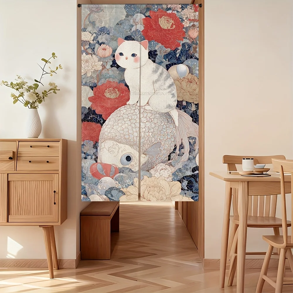 Cat & Fish Noren Curtain – Floral Art, White Cat on Rock, Linen-Like Fabric, for Kitchen or Dining Decor
