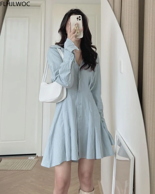 A Lin Cute Mini Date Dresses 2022 Women Korea Japanese Style Design Single Breasted Retro Vintage Blue White Button Shirt Dress AliExpress