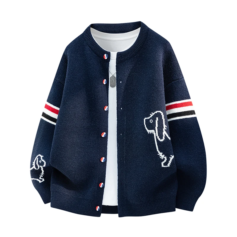 

Жаккардовый полосатый кардиган с круглым вырезом и собакой-колбаски, мужской осенне-зимний высококачественный повседневный трикотаж, куртка