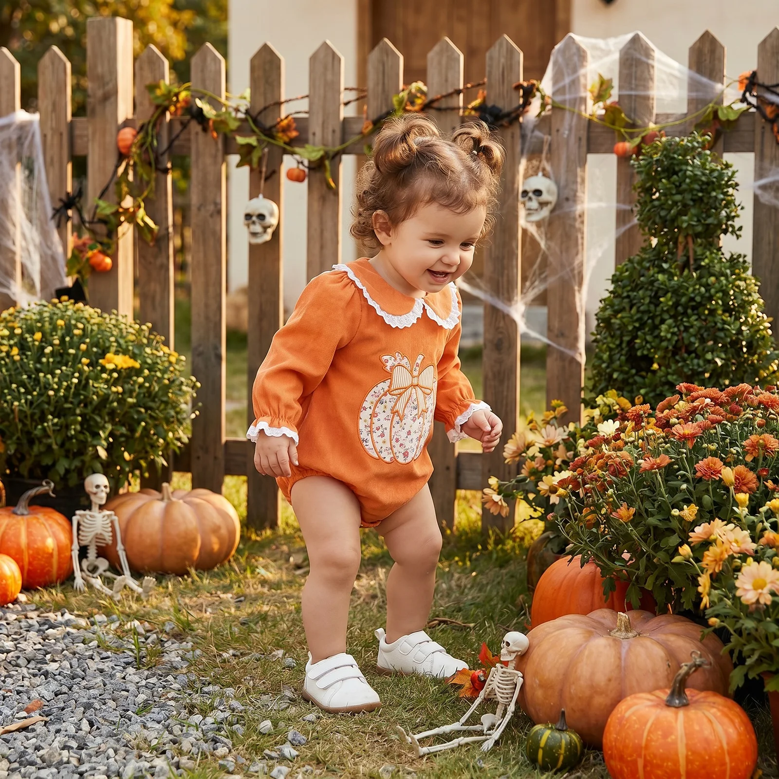 2027 Early Autumn Baby Girls Romper, Long Sleeve Pumpkin Floral Bodysuit Newborn Halloween Costume