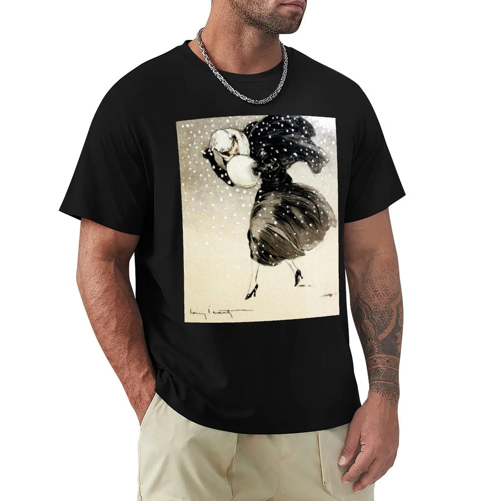 French Art Deco fashion art, Woman In a Snow Storm T-Shirt Sports Basic Short Sleeve T-Shirt