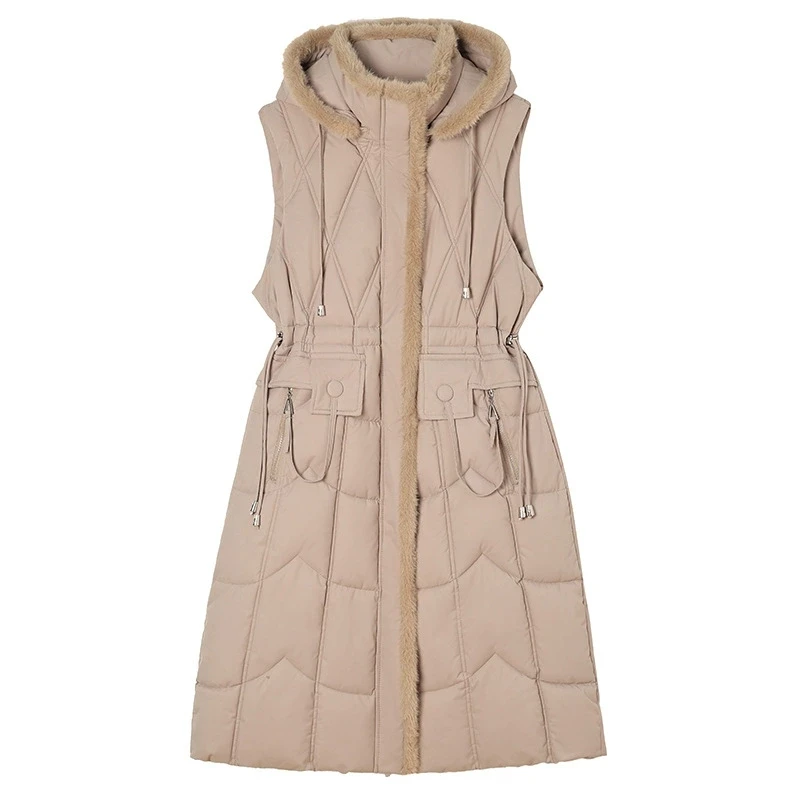 Women Mid Long Puffer Vest Autumn Winter New Warm Cotton Jacket Slim Outerwear Fashion Hooded Sleeveless Jacket Female Waistcoat