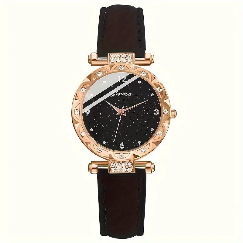 Women Fashion Diamond Studded Starry Sky Quartz Wristwatch Elegant Frosted Leather Strap Set Niche Light Luxury Trendy Watch