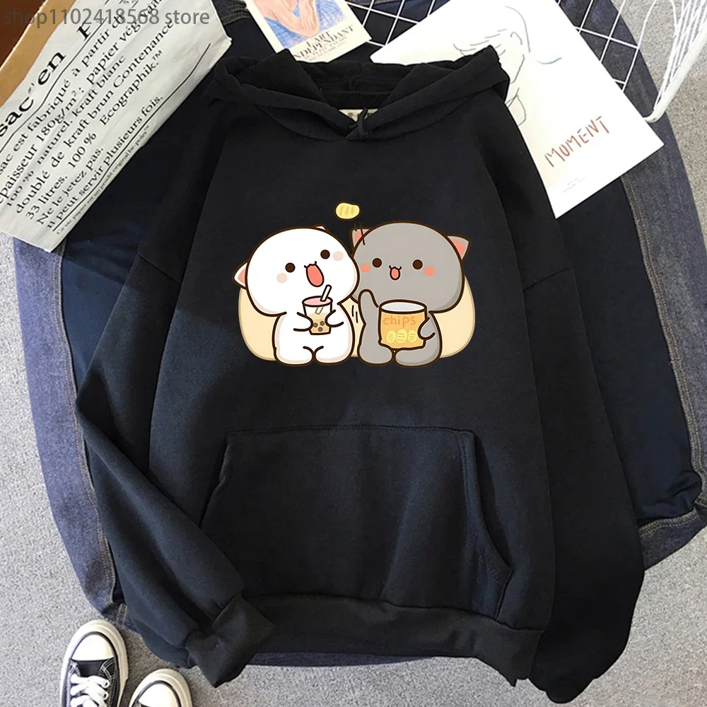 

Mochi Peach Cat Hoodies Kawaii Clothing Bubble Tea Graphic Sweatshirts Harajuku Casual Camisetas De Muje Tops Streetwear Women