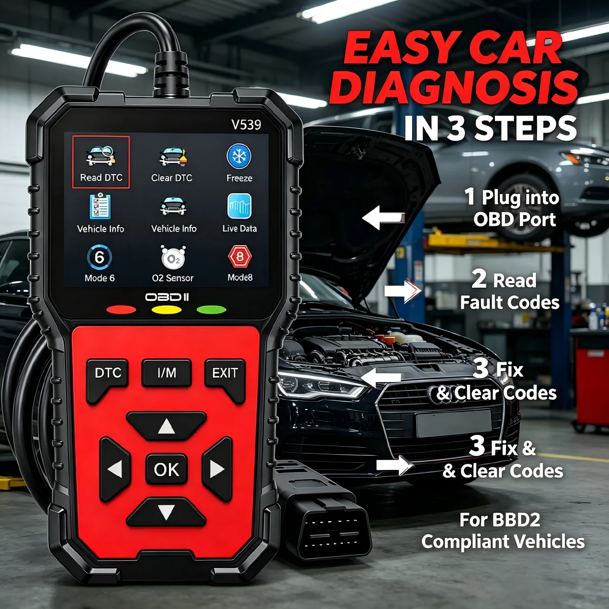 V539 OBDII Scanner, 2026 Upgraded Car Engine Fault Code Reader, Live Data, Battery Voltage Detection, I/M Readiness, O2 Sensor T