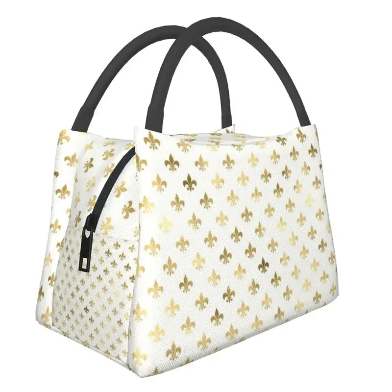 Elegant Gold And White Fleur De Lis Pattern Insulated Lunch Bags for Camping Travel Lily Flower Resuable Bento Box Women