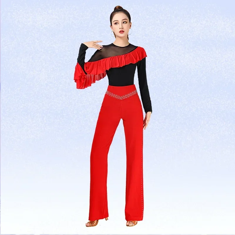 Modern Latin Dance Top New Style Gypsy Bar Dance Outfit Mesh Wave Sleeves Red Long Sleeve For Sports Shoes And Accessories