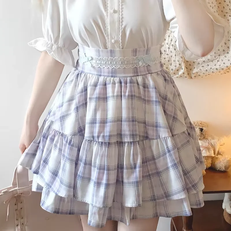 

Японская милая мини-юбка в стиле Лолиты, женская кавайная милая клетчатая юбка с кружевной лентой и бантом, женская летняя модная юбка-торт Y2k трапециевидной формы