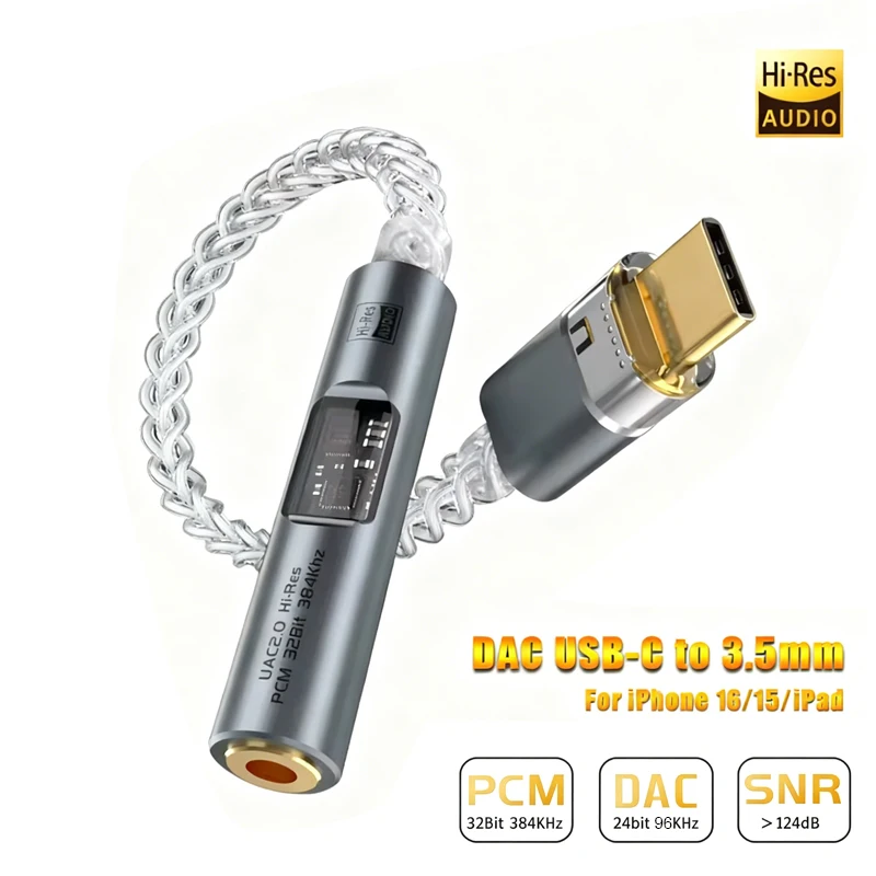 

32-битный цифровой аудиоадаптер HiFi USB-C на 3,5 мм с частотой 384 кГц, усилитель для наушников, конвертер-декодер аудио AUX