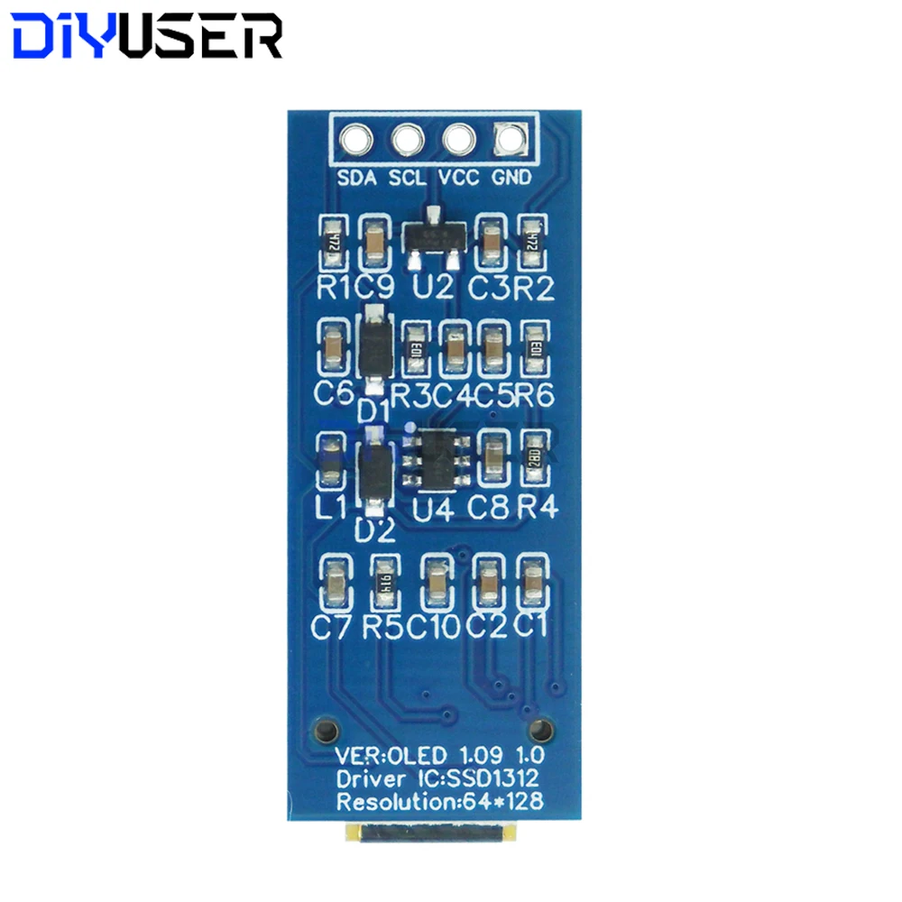 Módulo de exibição OLED de 1,09 polegadas 128x64 branco SSD1312 I2C, interface de 4 pinos para Arduino Raspberry Pi, visão ampla de baixa potência
