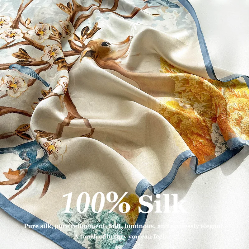 

Fashion 100% Mulberry Silk Scarf Women 53x53cm Square Head Scarf Luxury Print Hair Bandana Neck Scarf Foulard Female Shawl Gift