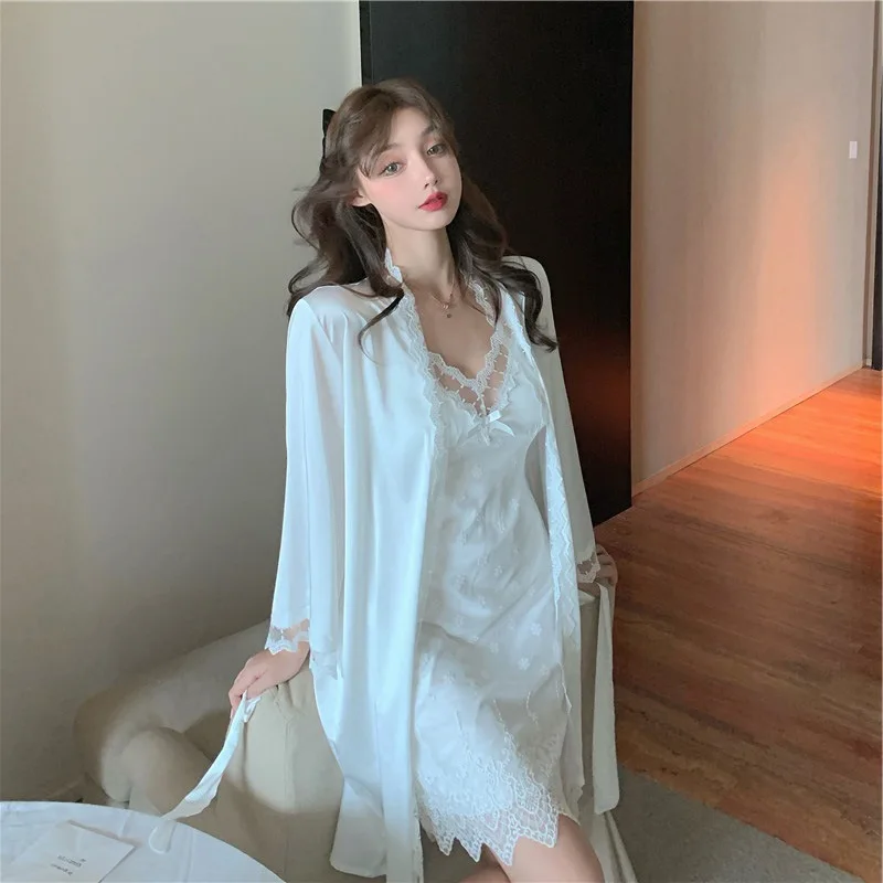 Mesh Lace Dot Nighty&robe Set Lady Sleepwear Elegant Bride Wedding Dress Kimono Bathrobe Suit Satin Nightwear Women Loungewear