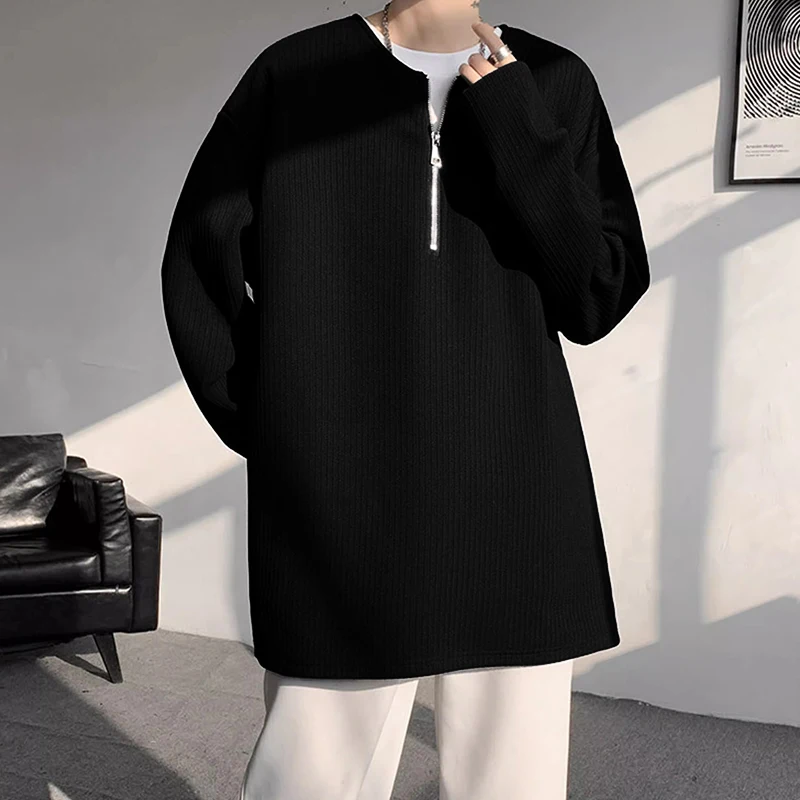 INCERUN الرجال تي شيرت بلون س الرقبة سحاب أكمام طويلة محبوك الذكور المحملة القمم الشارع الشهير موضة ملابس الرجال غير رسمية S-5XL