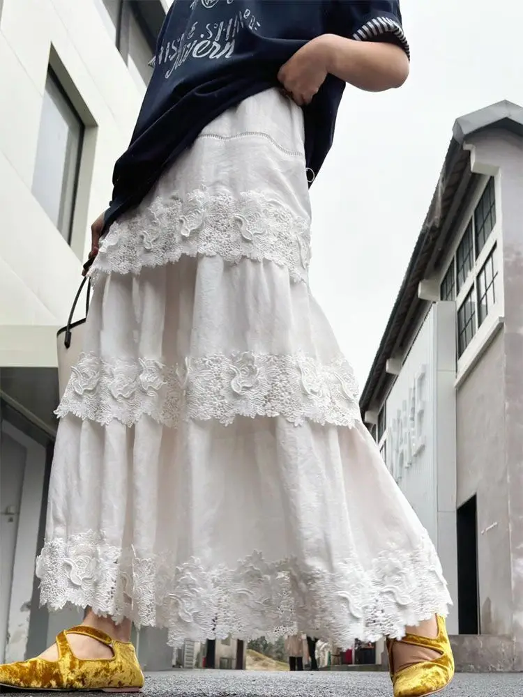 

Gagarich Heavy Industry 3D Lace Summer Versatile Loose Skinny Lace Splicing Half Body Women High Waist Large Swing Long Skirt