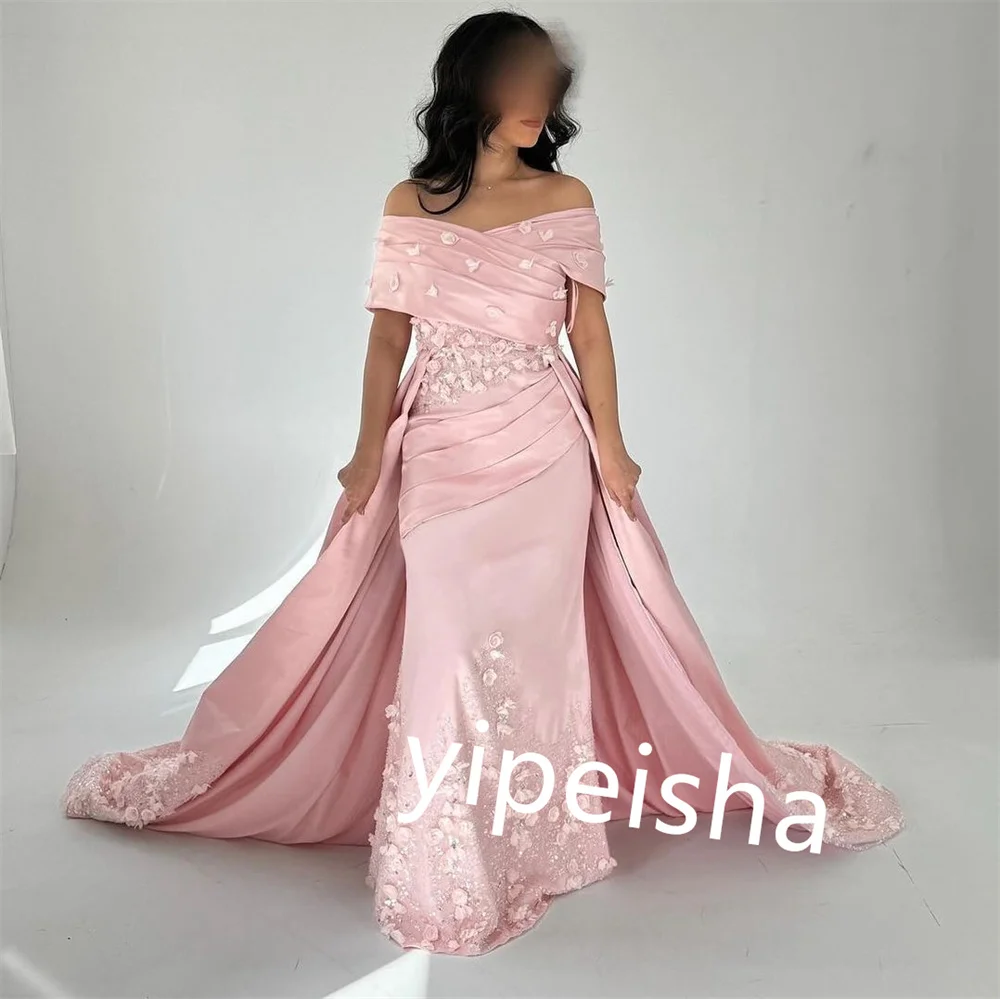 Customized Satin Pleat Applique Trumpet Off-the-shoulder Long Dresses Evening Dresses Formal Elegant Exquisite Intricate