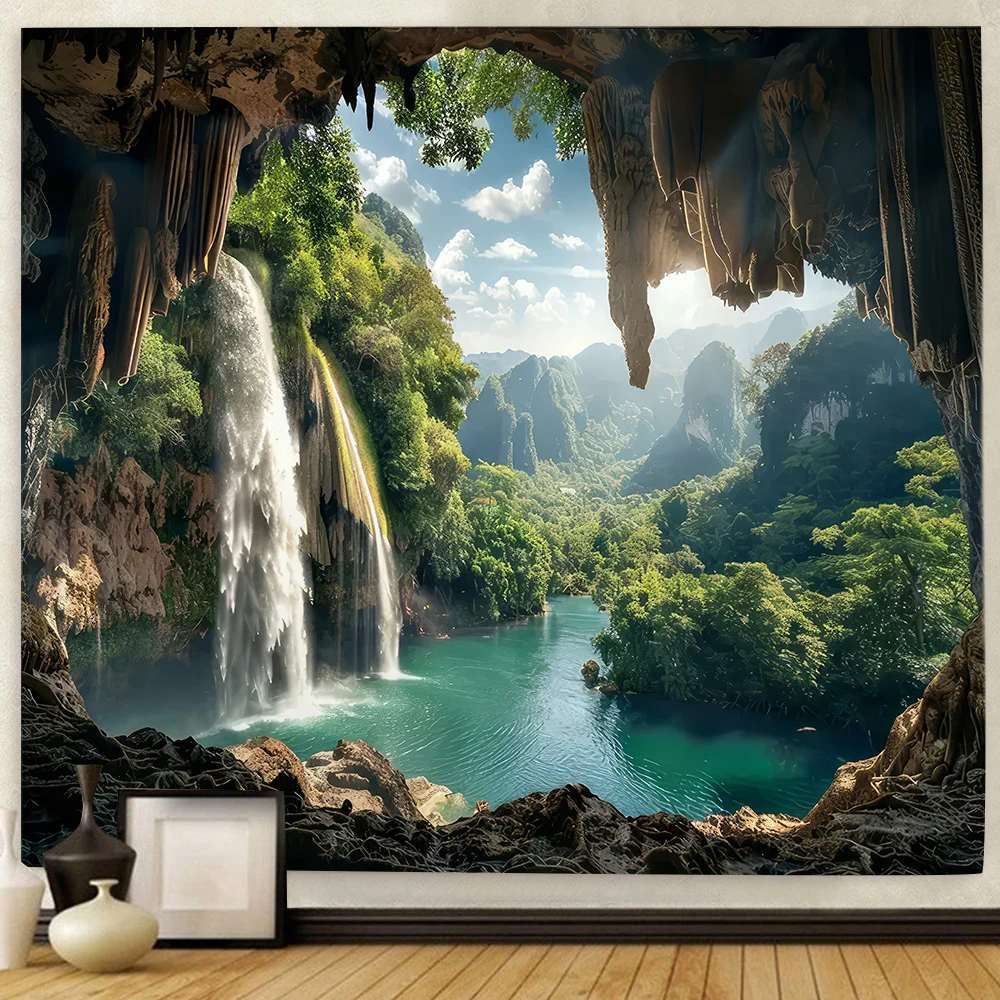 Extra Large Waterfall Scenery Tapestry Wall Hanging Mountain and River Landscape Art Tapestry For Living Room Indoor Home Decor
