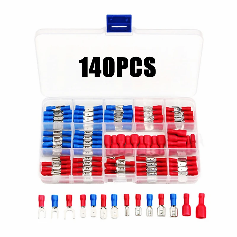 140Pcs Red&Blue Spade & Fork Cold Pressed Crimp  Terminal Insulated Electric Wire Cble Connnector Kit