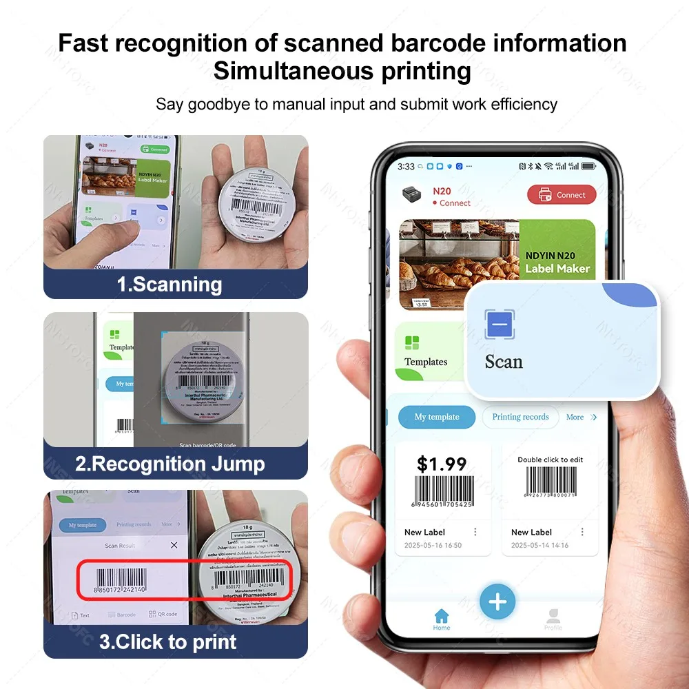 Stampante per etichette tascabile Etichettatrice termica Bluetooth senza inchiostro Etichettatrice adesiva Macchina per etichette adesive Modello fai da te Codice a barre Codice QR Cavo Nastro