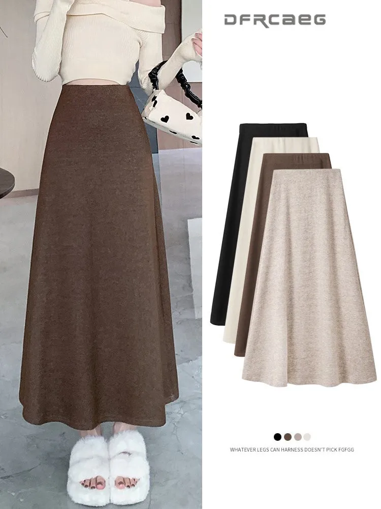 

Elegant Fashion Casual Knitted Long Skirt For Women Autumn Winter Loose Big Swing A-Line Skirts Lady