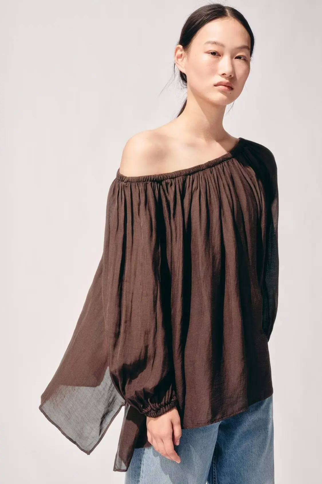 BB6670 2025 Summer New Women's Loose One Word Collar Off Shoulder Bubble Collar Long Sleeve Shirt Top 4043010