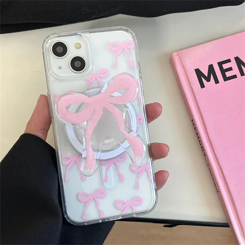 Korea Cute Pink Blue Bowknot Magnetic Holder Grip Tok Griptok Phone Stand Holder Support for IPhone 16 for Pad Magsafe Smart Tok