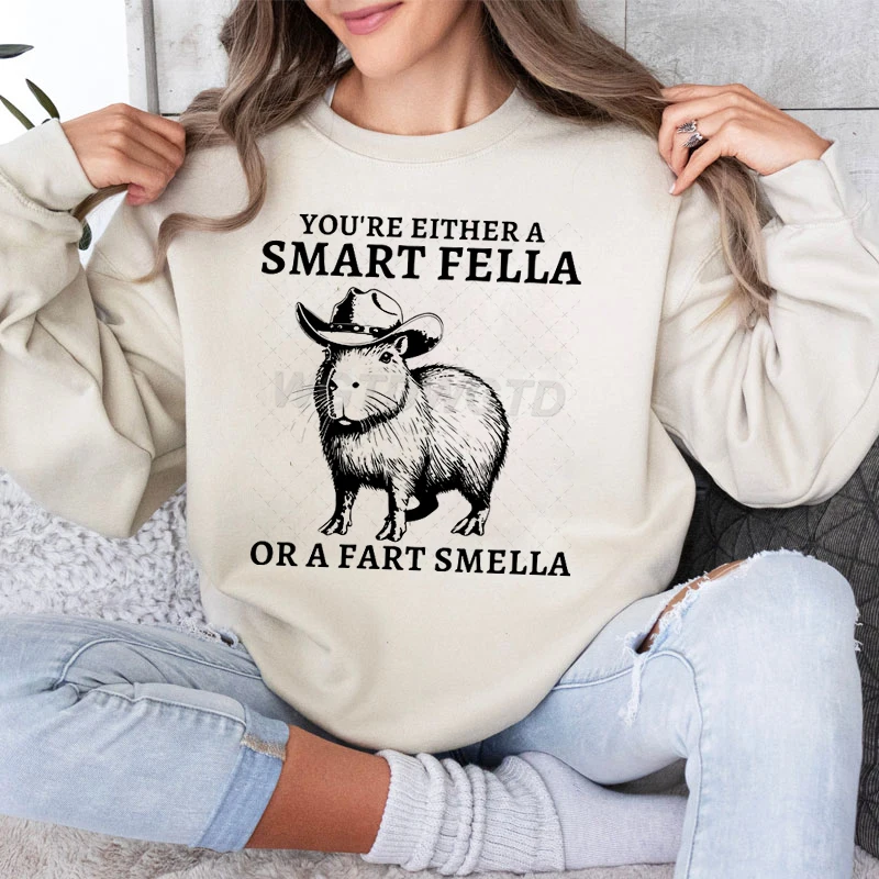 Capybaras Print Women Fashion Hoodies A Smart Fella or A Fart Smella Vintage Sweatshirt Jumper Cowboy Capybara Lover Sweatshirts