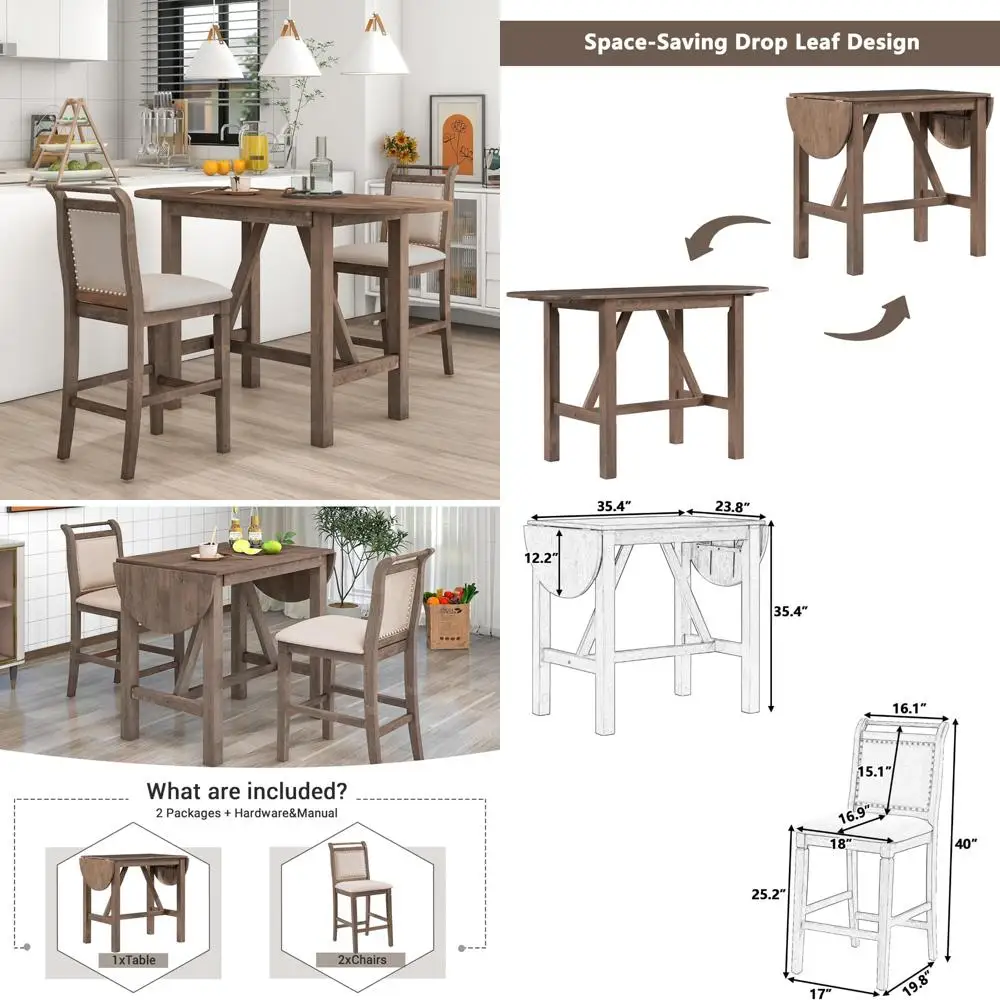 solid wood counter-height drop-leaf round dining set with 2 upholstered chairs for small spaces