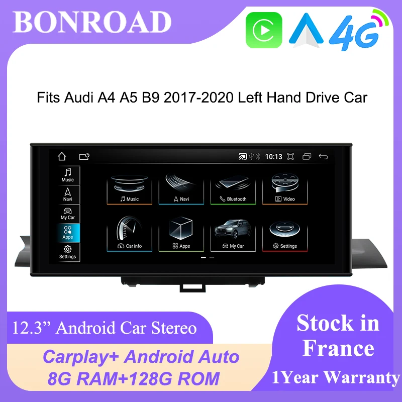 Lecteur multimédia automobile Bonroad 12,3 pouces Android 14 Qualcomm pour Audi A4 A5 B9 2017-2020, navigation GPS, Carplay, 4G LTE, Mirror