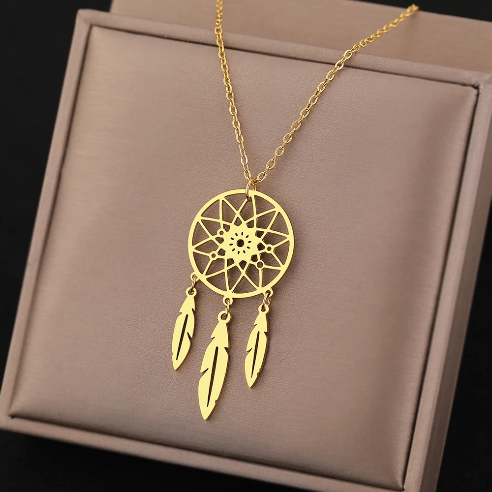 Stainless Steel Necklaces Vintage Geometric Circle Exquisite Feather Dream Catcher Pendant Chain Necklace For Women Jewelry Gift