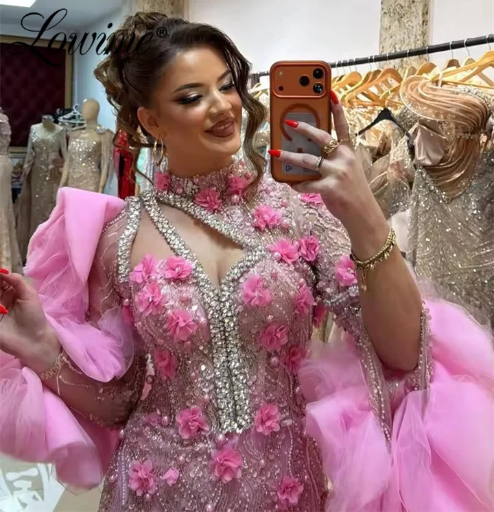 

2026 Customized Amazing Pink Floral Wedding Party Dress Long Sleeves Crystals Pearl Celebrity Prom Dresses Arabic Evening Gowns
