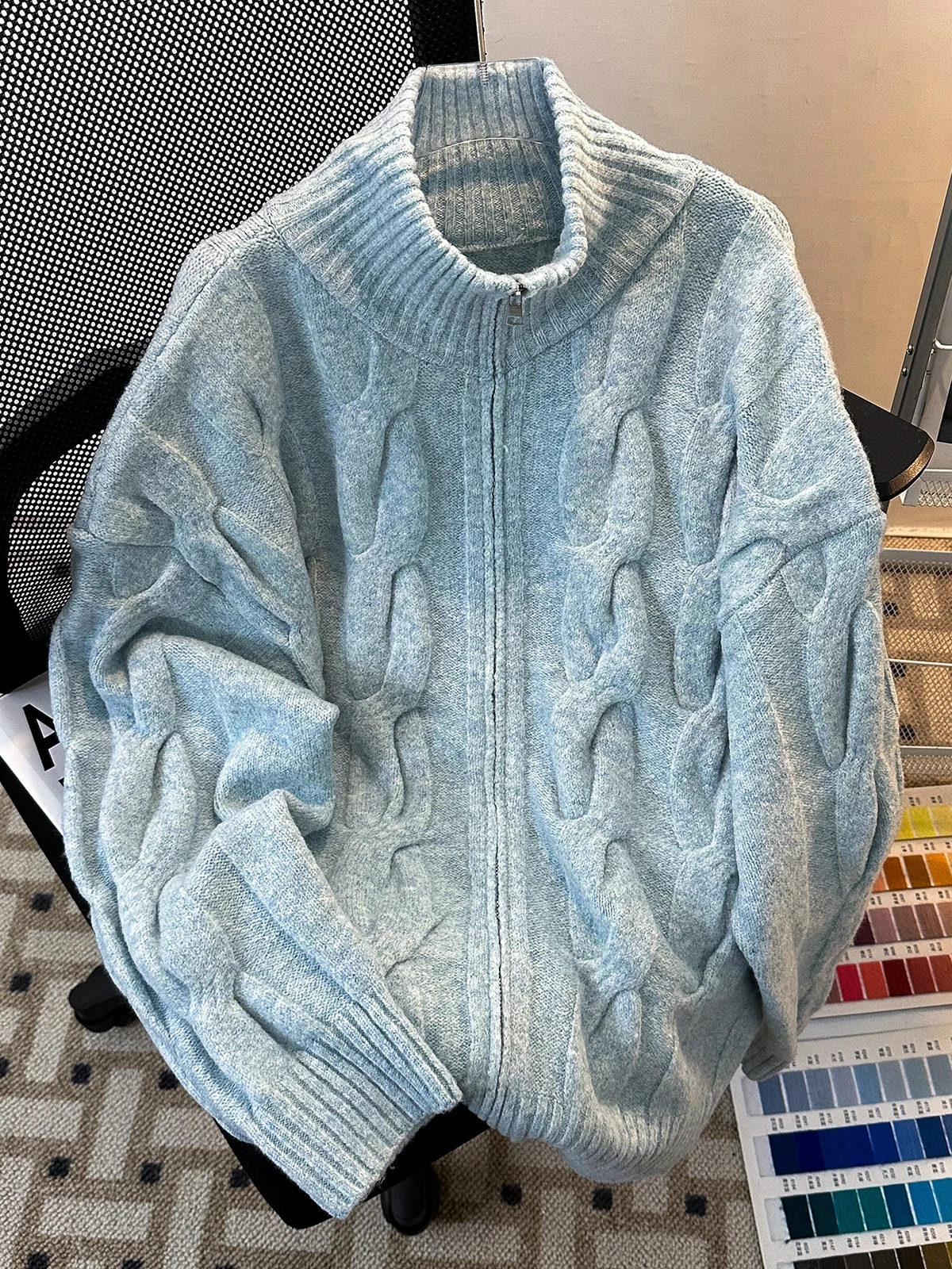 

Zipper f-High Collar Knitted Sweater Men's Autumn Winter Faion Vintage Twist Pattern Knitwear Casual Youth Brand