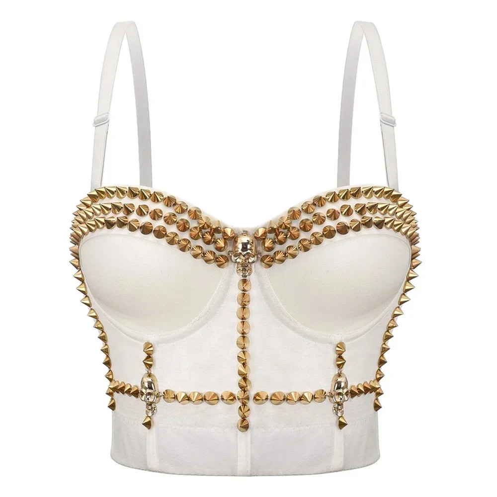 Summer Hot Lingerie Women Sexy White Corset Gothic Black Bustier Punk Golden Rivets Adjusted-straps Push Up Bra Party Wedding