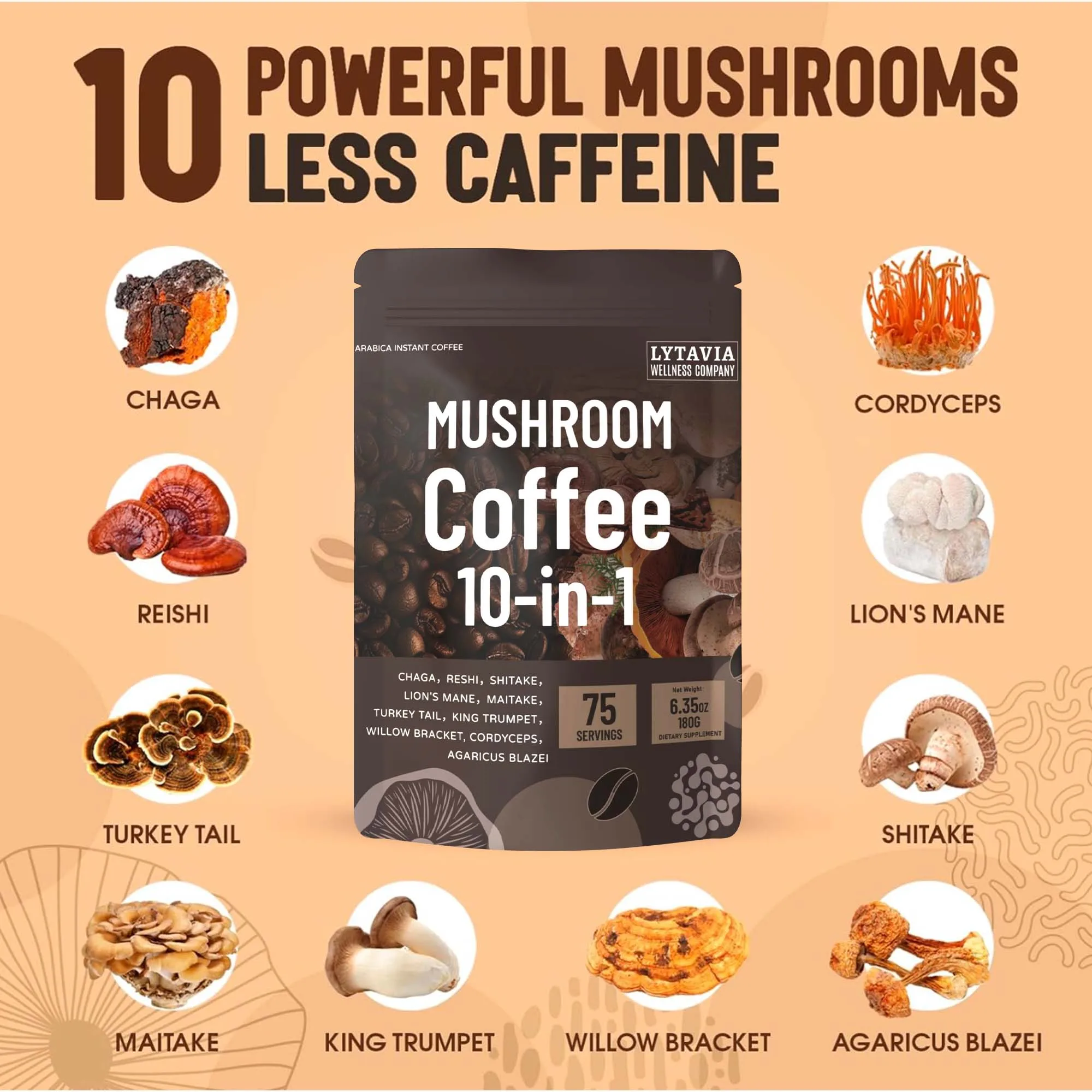 Café champignon avec 10 champignons adaptogènes et huile MCT, café instantané cultivé aux États-Unis, avec queue de dinde, Shiitake, crinière du Lion
