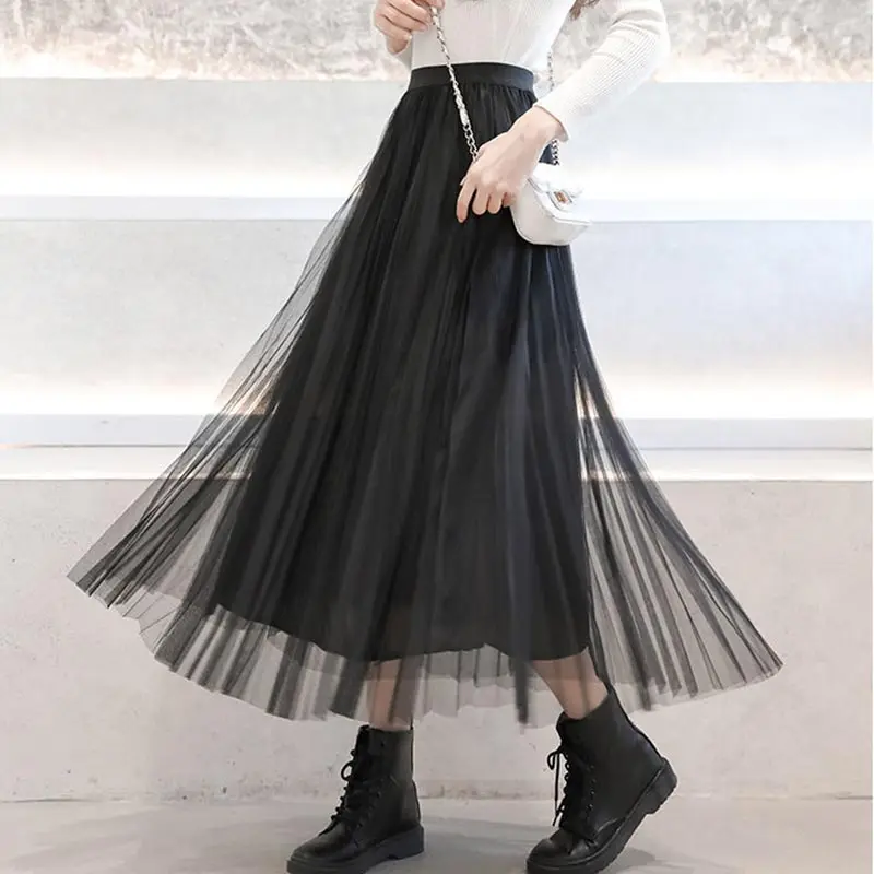 Y2k Korean Style Fashion Harajuku Long Skirt Spring Autumn  A Line Skirt Dummer Vintage Black High Waist Midi Maxi Tulle Skirts