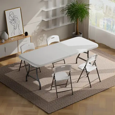 6ft Plastic Folding Table, Portable Folding Table, Outdoor Folding Picnic Table with Sturdy Handles on Both Sides