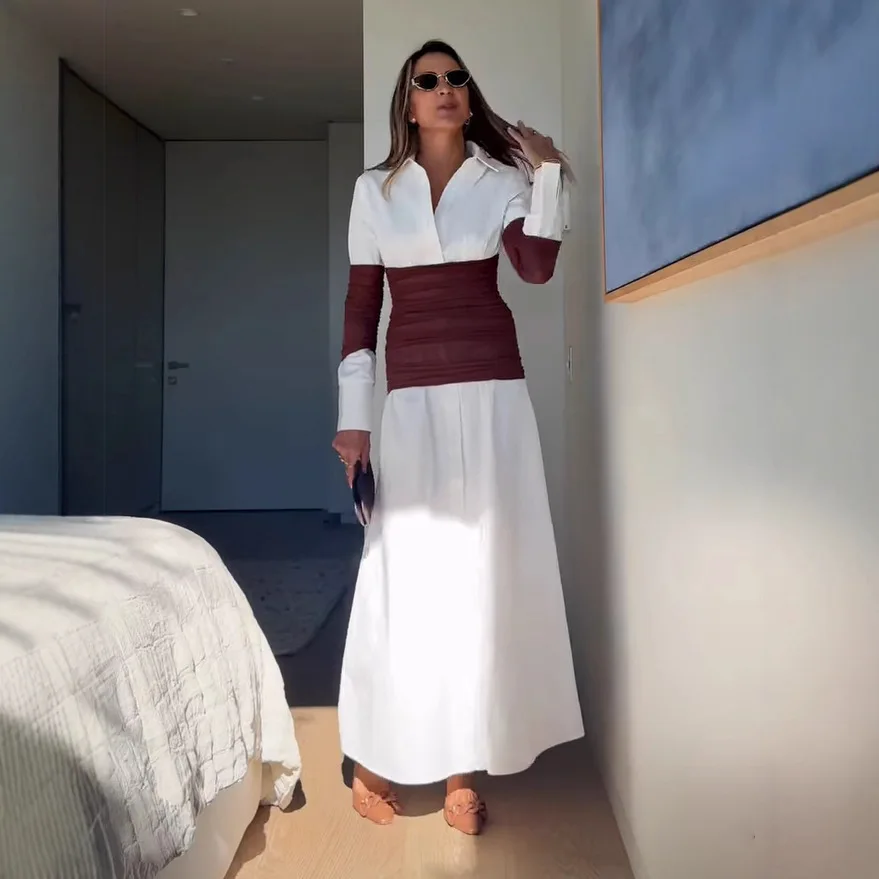 Biało-brązowa koszula z dopasowaniem kolorystycznym, długie sukienki damskie, sukienka z długim rękawem, kołnierzyk, zapinana na jeden guzik, elegancka sukienka do pracy, vestidos.