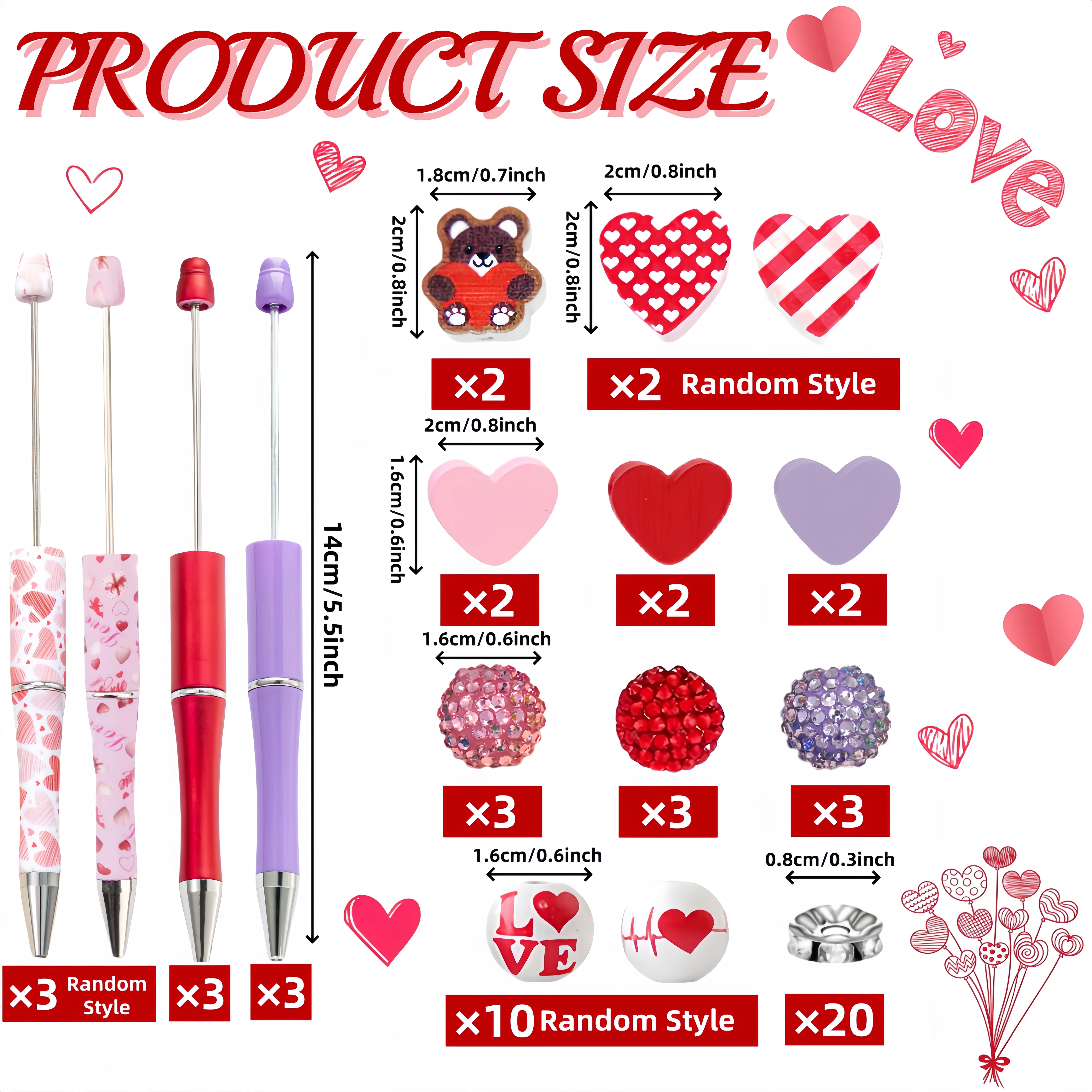 9PCS Red Purple Pink Love Bear Valentine's Day Theme Black Ink DIY Beaded Ballpoint Pen and Wooden Bead Shining Acrylic Bead Set